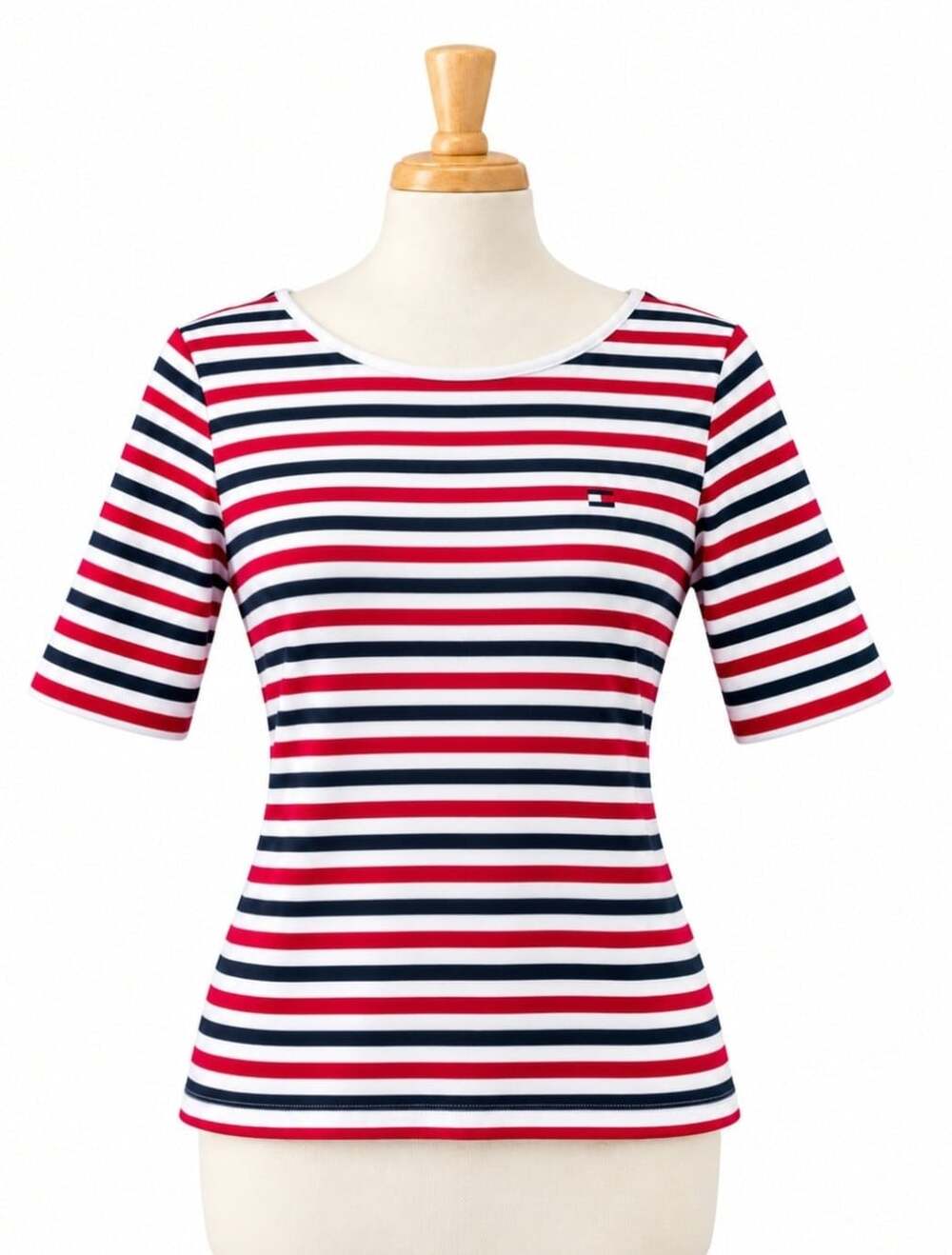 Tommy Hilfiger Womens L Striped Top Red Navy Black Cotton Boat Neck Shirt